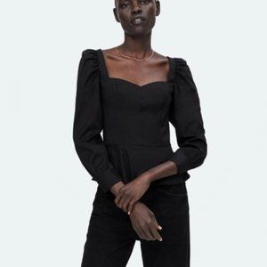 Zara Woman | Black Peplum Top Sweetheart Neckline Puff Sleeve Blouse Size M